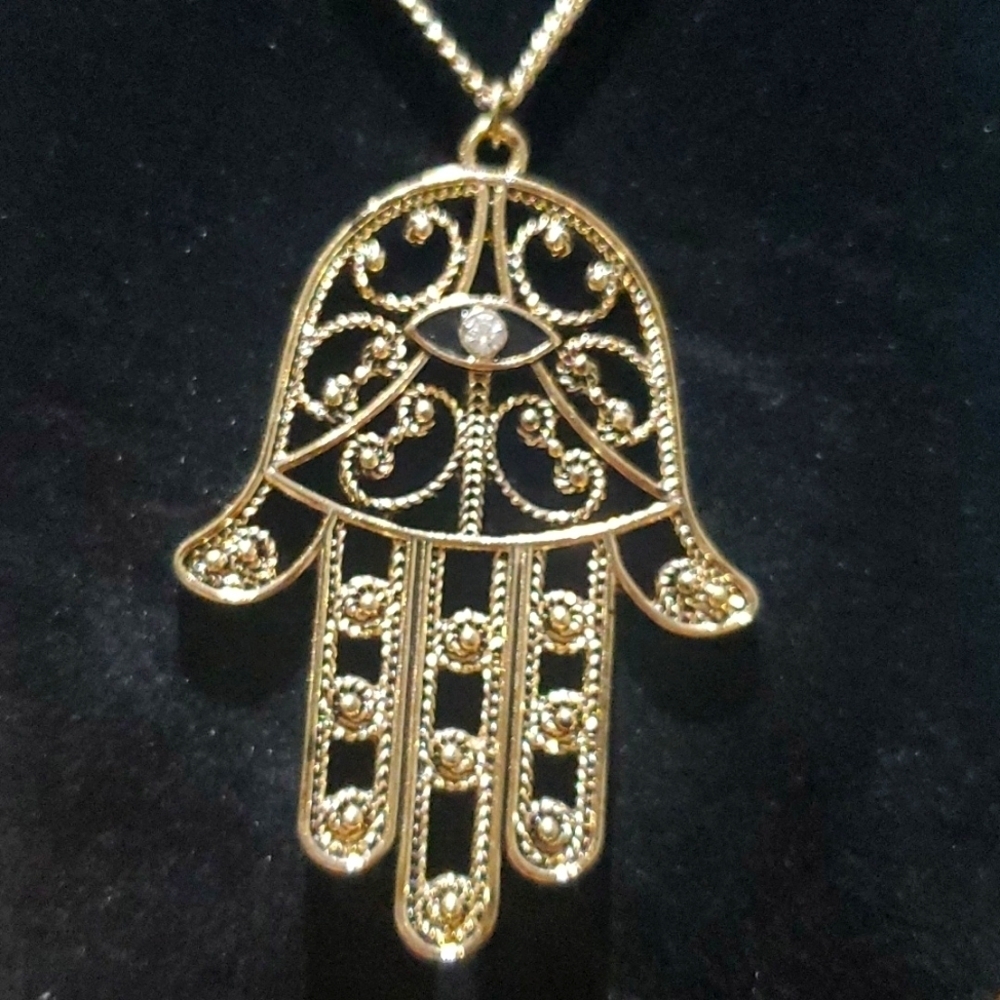 Gold Tone Hamsa Evil Eye Necklace With rhinestone - 36" chain